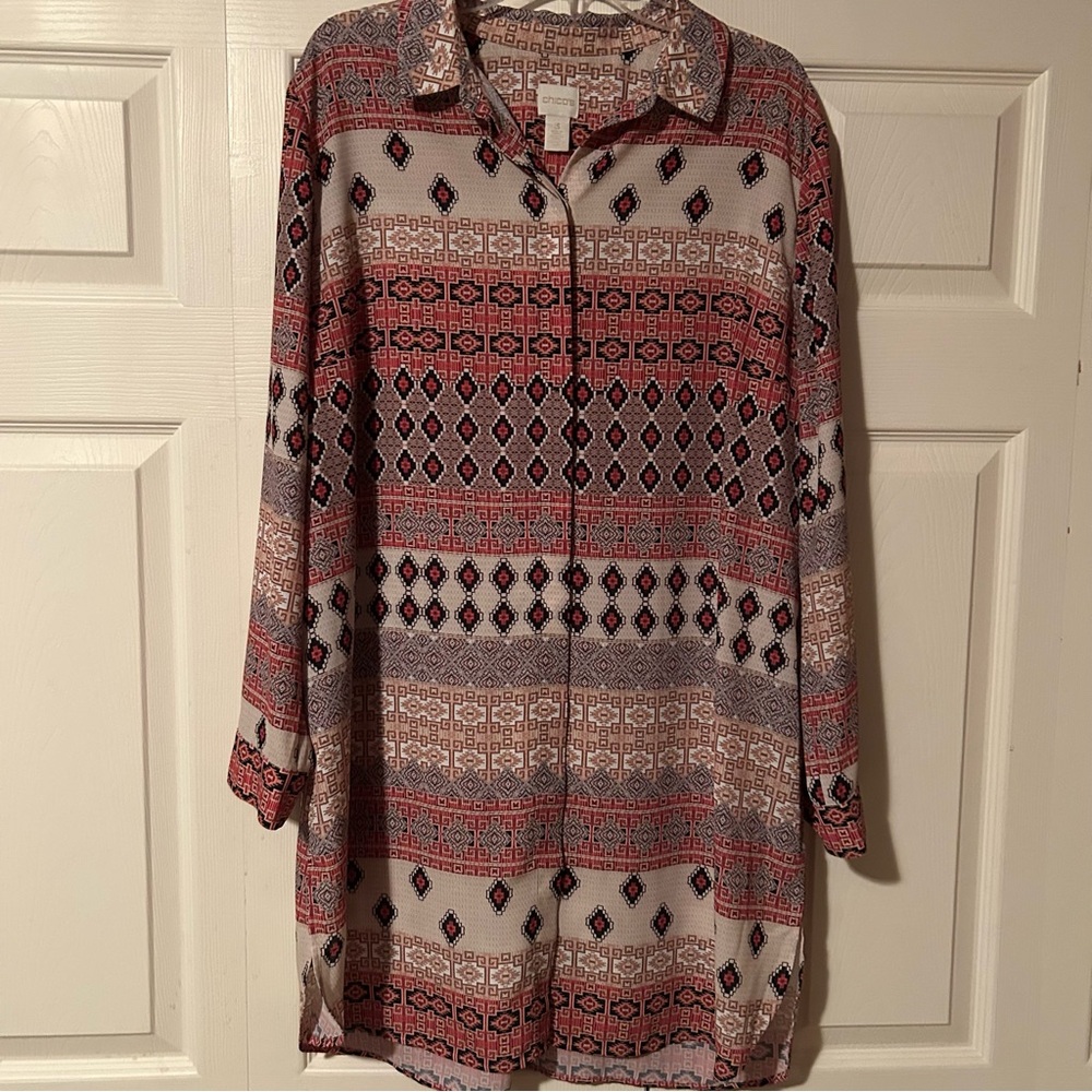 Tribal Print Button-Up Shirt-Long